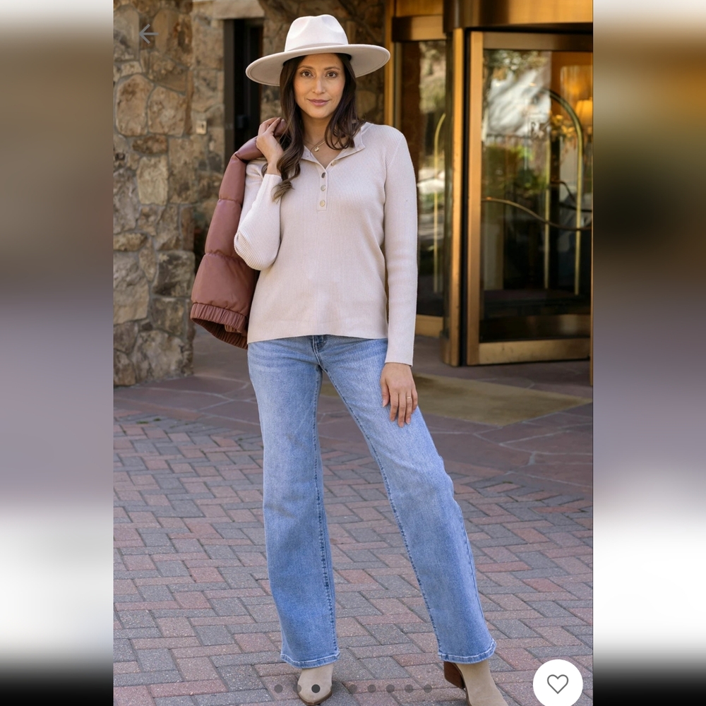 Grace & Lace Ribbed Henley Oatmeal Sweater